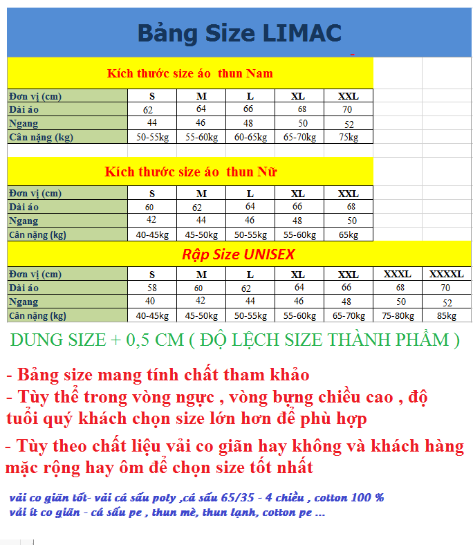 bảng size áo thun
